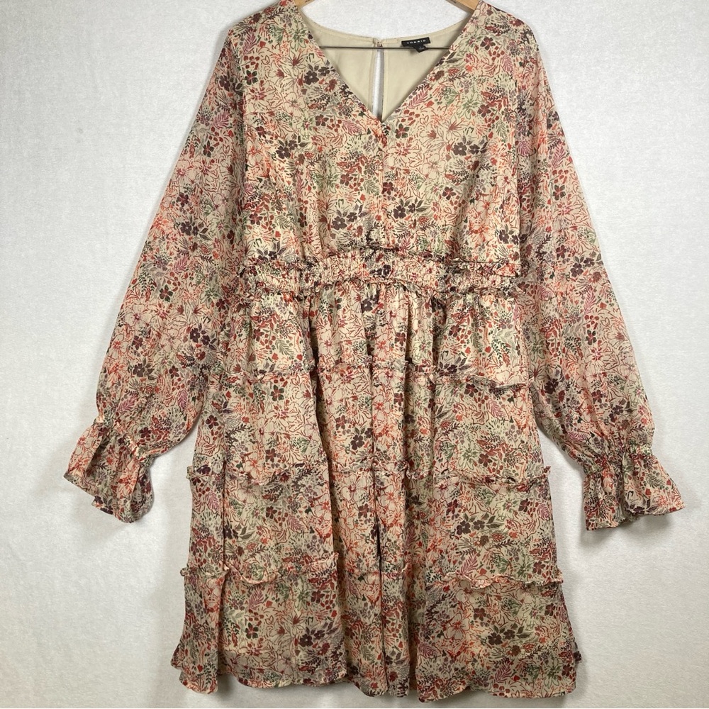 Torrid Dress Women Orange 1 Floral Midi Lurex Chifon Tiered Long  Sleeve